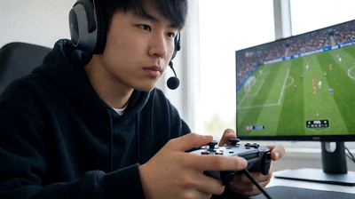 FIFA电竞系列赛事选手操作特写，专注投入比赛