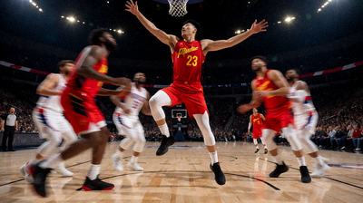 NBA篮球比赛现场，球员在球场上激烈对抗的瞬间