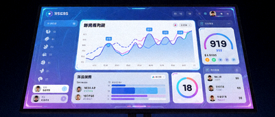 电竞赛事实时数据大屏展示，蓝紫色科技风格数据可视化界面