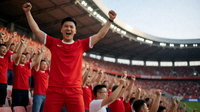 足球球迷在看台上欢呼庆祝球队进球的热烈氛围图片